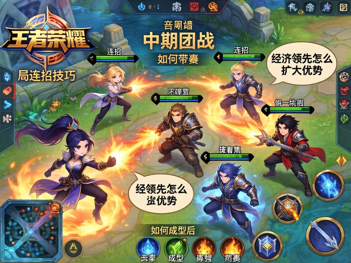 王者荣耀中局连招技巧,中期团战如何连招,经济领先怎么扩大优势,装备成型后如何带节奏 王者荣耀中局连招技巧,中期团战如何连招,经济领先怎么扩大优势,装备成型后如何带节奏